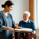 A professional female music therapist in a modest tunic and slacks gently guides an elderly male client's hand on a large percussion drum. The client is dressed in comfortable, appropriate everyday wear, with a focused and serene expression. They are in a warm, modern therapy room, filled with natural light from a large window, with acoustic wall panels and other professional musical instruments like a piano and guitar subtly in the background. The atmosphere is calm and supportive. Professional photography, soft lighting, natural colors, high resolution. fully clothed, appropriate attire, safe for work, perfect anatomy, correct proportions, natural pose, well-formed hands, proper finger count, natural body proportions, professional, modest, family-friendly.