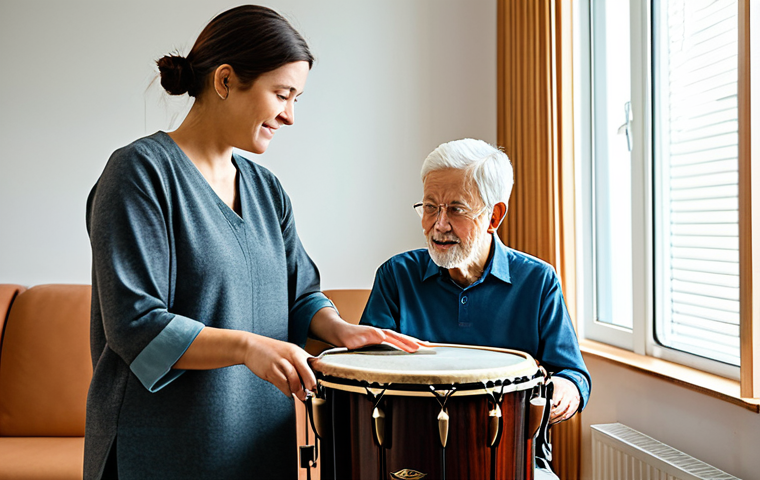 A professional female music therapist in a modest tunic and slacks gently guides an elderly male client's hand on a large percussion drum. The client is dressed in comfortable, appropriate everyday wear, with a focused and serene expression. They are in a warm, modern therapy room, filled with natural light from a large window, with acoustic wall panels and other professional musical instruments like a piano and guitar subtly in the background. The atmosphere is calm and supportive. Professional photography, soft lighting, natural colors, high resolution. fully clothed, appropriate attire, safe for work, perfect anatomy, correct proportions, natural pose, well-formed hands, proper finger count, natural body proportions, professional, modest, family-friendly.