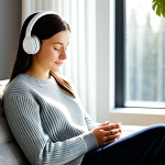 A serene professional adult in a comfortable, modest sweater, sitting on a plush sofa in a sunlit, modern music therapy room. The individual is wearing professional, over-ear headphones with eyes gently closed, reflecting a state of deep relaxation and calm. The background features minimalist decor with soft, diffused natural light coming through a large window.
**Quality modifiers:** perfect anatomy, correct proportions, natural pose, well-formed hands, proper finger count, natural body proportions, professional photography, high resolution, soft focus background, safe for work, appropriate content, fully clothed, modest clothing, family-friendly.