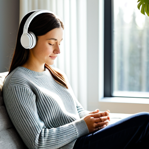 A serene professional adult in a comfortable, modest sweater, sitting on a plush sofa in a sunlit, modern music therapy room. The individual is wearing professional, over-ear headphones with eyes gently closed, reflecting a state of deep relaxation and calm. The background features minimalist decor with soft, diffused natural light coming through a large window.
**Quality modifiers:** perfect anatomy, correct proportions, natural pose, well-formed hands, proper finger count, natural body proportions, professional photography, high resolution, soft focus background, safe for work, appropriate content, fully clothed, modest clothing, family-friendly.