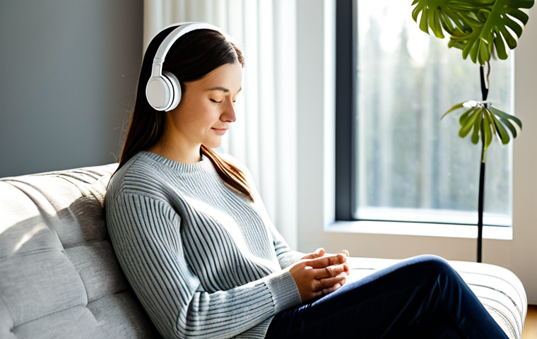 A serene professional adult in a comfortable, modest sweater, sitting on a plush sofa in a sunlit, modern music therapy room. The individual is wearing professional, over-ear headphones with eyes gently closed, reflecting a state of deep relaxation and calm. The background features minimalist decor with soft, diffused natural light coming through a large window.
**Quality modifiers:** perfect anatomy, correct proportions, natural pose, well-formed hands, proper finger count, natural body proportions, professional photography, high resolution, soft focus background, safe for work, appropriate content, fully clothed, modest clothing, family-friendly.