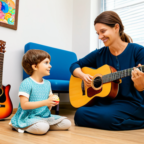 **

"A kind, female music therapist, fully clothed in professional attire, playing a guitar for a child with autism in a brightly lit, child-friendly therapy room. Toys and musical instruments are subtly visible in the background.  Perfect anatomy, well-formed hands, natural pose, appropriate content, safe for work, professional, family-friendly, modest clothing, correct proportions."

**