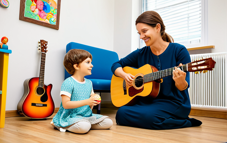 **
"A kind, female music therapist, fully clothed in professional attire, playing a guitar for a child with autism in a brightly lit, child-friendly therapy room. Toys and musical instruments are subtly visible in the background. Perfect anatomy, well-formed hands, natural pose, appropriate content, safe for work, professional, family-friendly, modest clothing, correct proportions."
**
