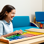 Music Therapy Session with a Child**

"A young child with a disability, fully clothed in comfortable clothes, is happily playing a xylophone during a music therapy session. A female music therapist, in professional attire, is smiling encouragingly nearby. The setting is a brightly lit therapy room with colorful musical instruments. Safe for work, appropriate content, family-friendly, perfect anatomy, natural proportions, well-formed hands, professional."

**