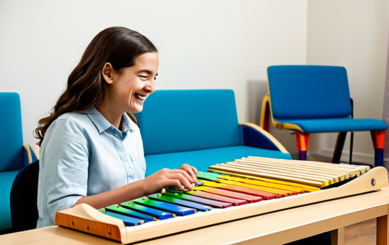 Music Therapy Session with a Child**
"A young child with a disability, fully clothed in comfortable clothes, is happily playing a xylophone during a music therapy session. A female music therapist, in professional attire, is smiling encouragingly nearby. The setting is a brightly lit therapy room with colorful musical instruments. Safe for work, appropriate content, family-friendly, perfect anatomy, natural proportions, well-formed hands, professional."
**