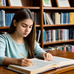 Studying Music Therapy**

A young woman with a focused expression, wearing casual but modest clothing, studying musical scores at a desk filled with textbooks in a cozy, warmly lit library. Bookshelves are in the background. Safe for work, appropriate content, fully clothed, professional, perfect anatomy, natural proportions, family-friendly.

**