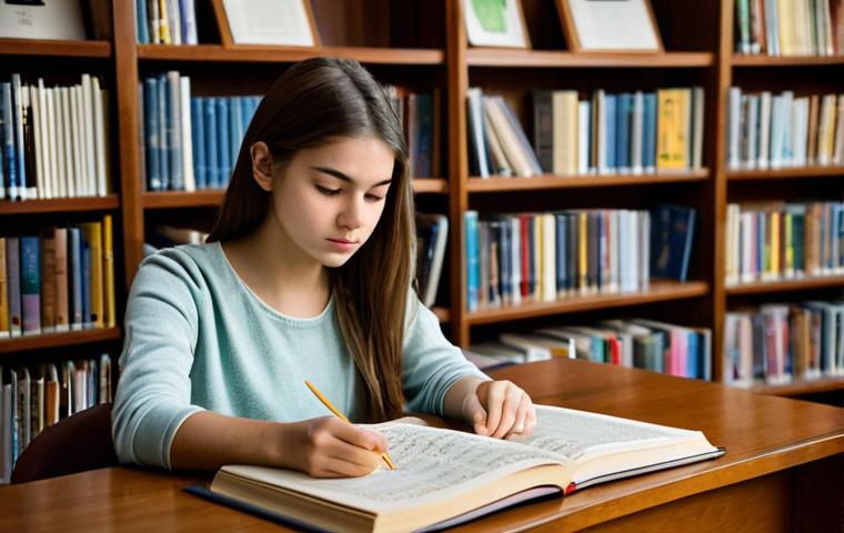 Studying Music Therapy**
A young woman with a focused expression, wearing casual but modest clothing, studying musical scores at a desk filled with textbooks in a cozy, warmly lit library. Bookshelves are in the background. Safe for work, appropriate content, fully clothed, professional, perfect anatomy, natural proportions, family-friendly.
**