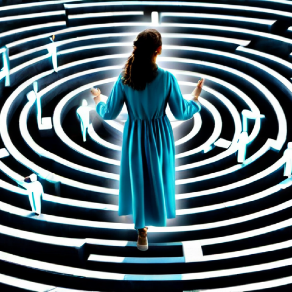 음악테라피사 취업 성공 사례 - Musical Guidance**
"A woman, fully clothed in modest attire, walking through a stylized labyrinth m...