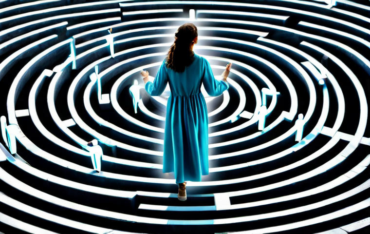 음악테라피사 취업 성공 사례 - Musical Guidance**
"A woman, fully clothed in modest attire, walking through a stylized labyrinth m...