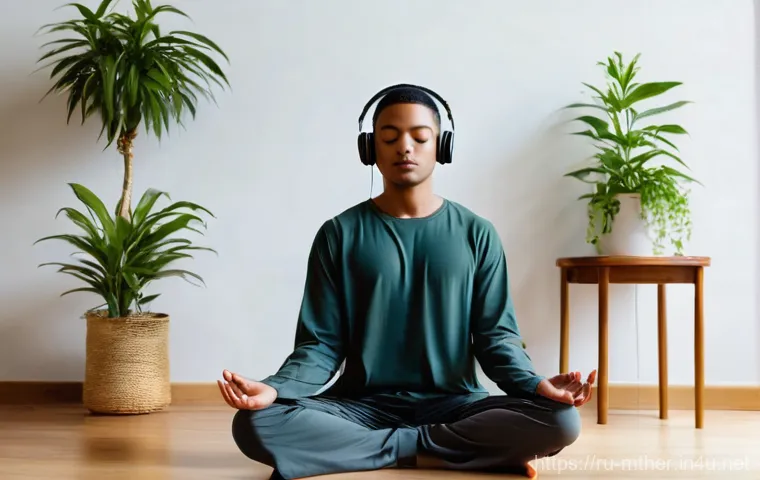 음악테라피사 상담 기법 - **Prompt:** "A young adult, male or female, meditating in a tranquil, softly lit room. They are wear...