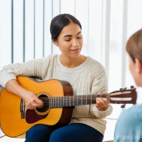 Home 20 음악테라피사 실무 팁 - A compassionate female music therapist, dressed in comfortable, professional attire (e.g., a modest ...