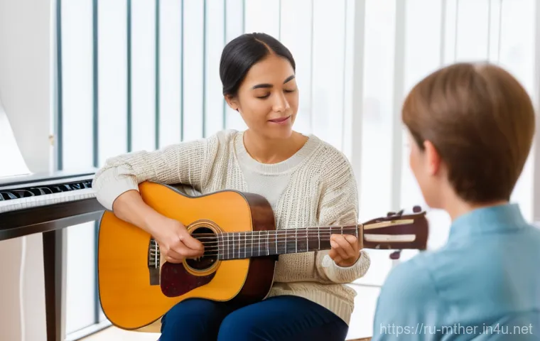 음악테라피사 실무 팁 - A compassionate female music therapist, dressed in comfortable, professional attire (e.g., a modest ...
