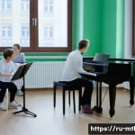 음악테라피사 이직 기회 - A professional music therapist conducting a group session in a modern rehabilitation center in Mosco...