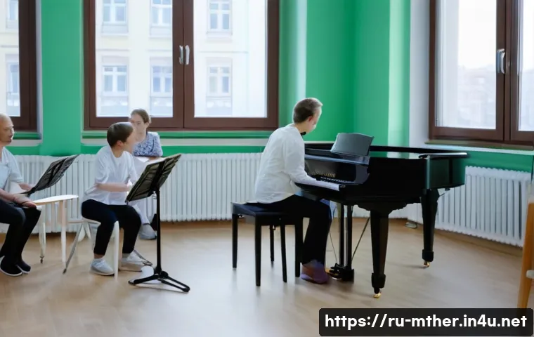 음악테라피사 이직 기회 - A professional music therapist conducting a group session in a modern rehabilitation center in Mosco...