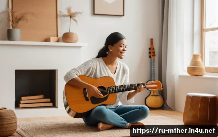 음악테라피사 경험담 - A serene music therapy session in a modern, cozy room with soft natural lighting, featuring a calm a...