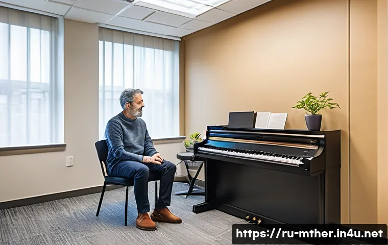 음악테라피사 업무 사례 - A cozy therapy room setting where a music therapist is conducting an individual session with an adul...