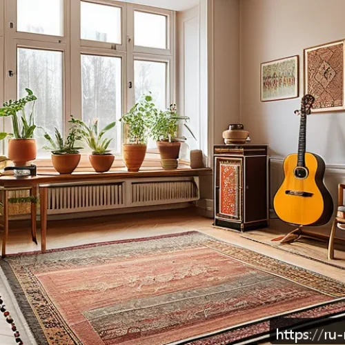 음악테라피사 추천 서적 - A warm, inviting therapy room set in a modern Russian home, with soft natural light filtering throug...