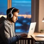 음악테라피사 전문성 향상 - A serene modern home office setting featuring a young Russian professional focused on work, wearing ...