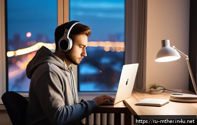 음악테라피사 전문성 향상 - A serene modern home office setting featuring a young Russian professional focused on work, wearing ...