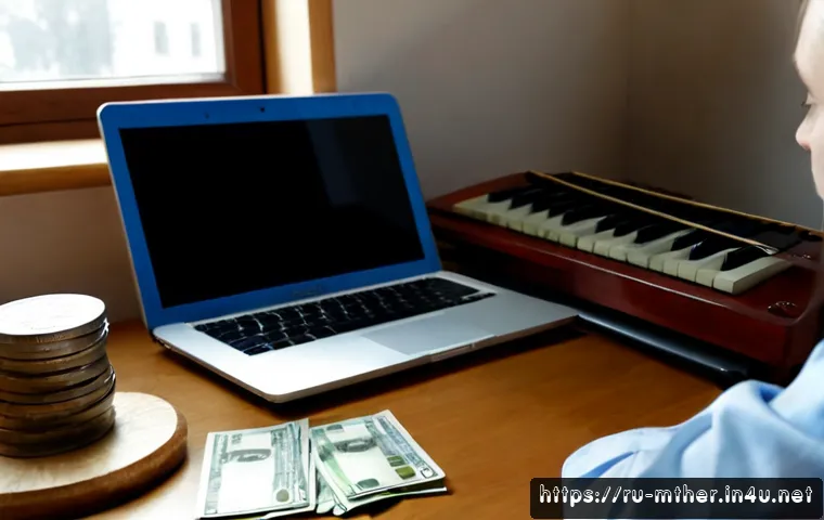 Home 16 음악테라피사 교육비 - Photorealistic Russian adult learner comparing music therapy education costs at a tidy home desk, op...